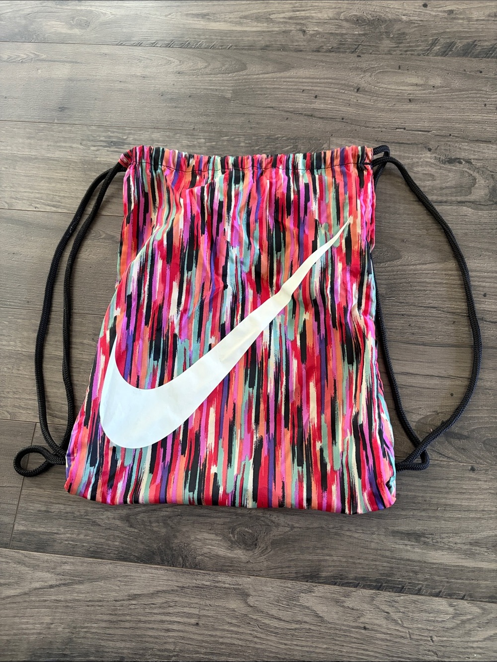 Nike Pink Multicolor Drawstring Backpack with White Swoosh